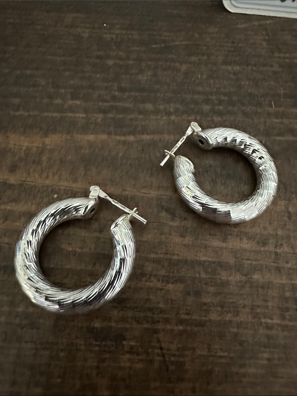 Sterling silver Textured Silver Hoop Earrings - stamp says Italy